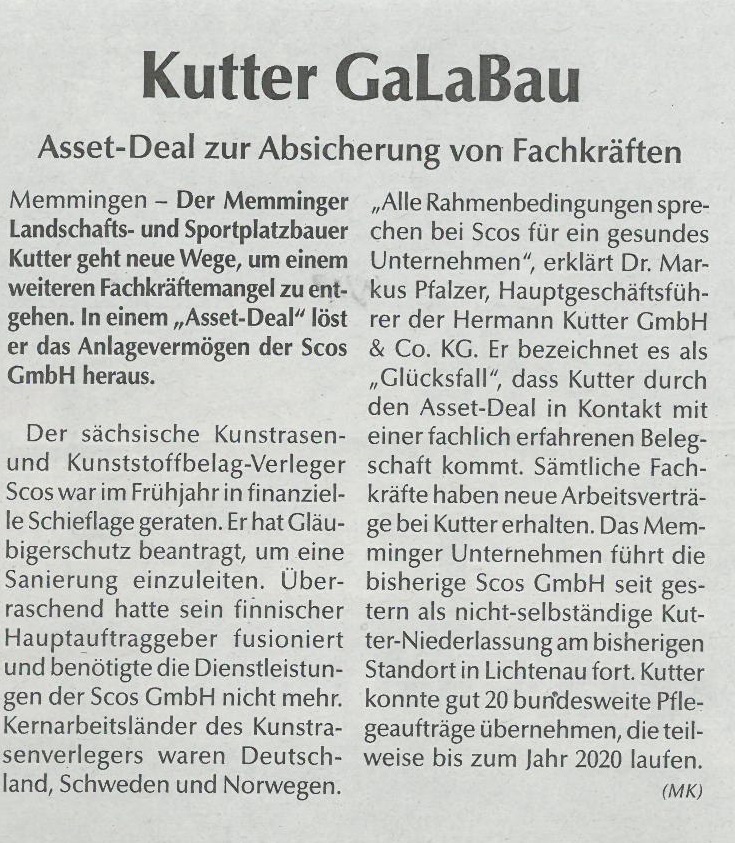 Hermann Kutter Asset Deal ehem. Scos GmbH in Lichtenau
